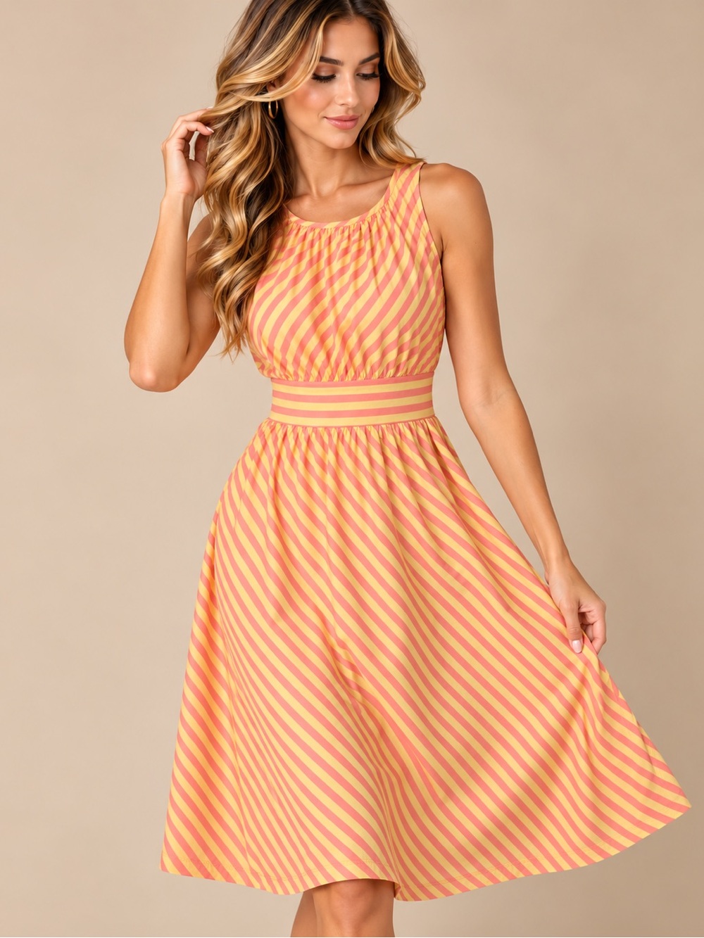 Haani Orange Yellow Striped Midi Dress Size Medium Resort Coastal